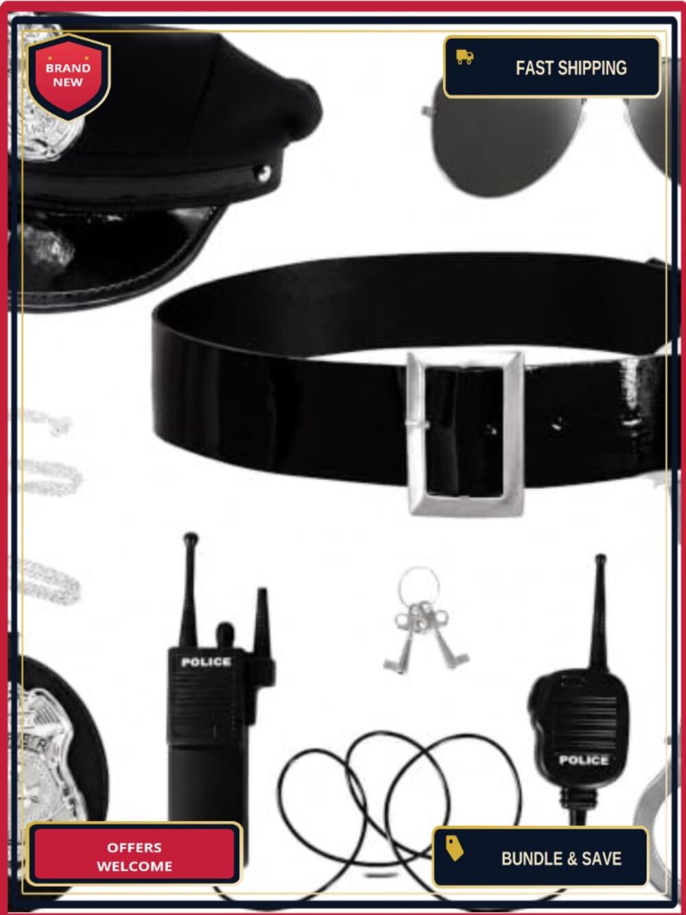 6 Pc Police Cop Costume Accessory Set Hat Badge Belt Handcuffs Adult Cosplay